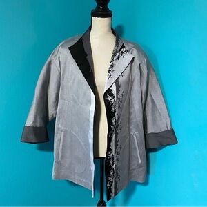 Emmelle 2X Black Grey Printed Open Front Blazer Jacket Cotton Silk Designer